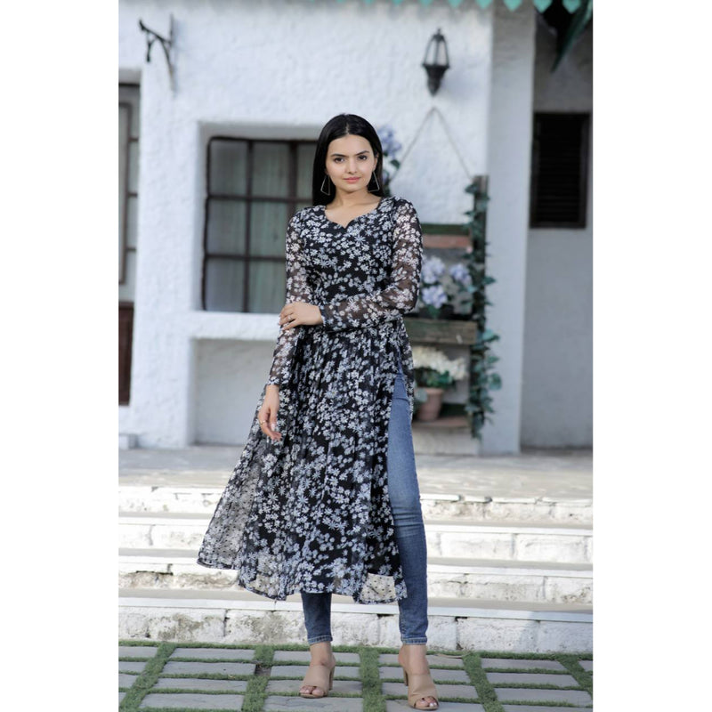 Black Color More Butti with Ditsy Floral Degital printed Nayra Cut Kurti