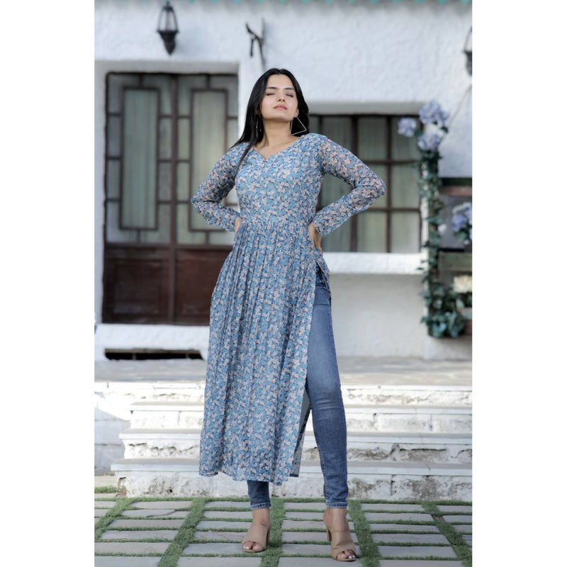 Gray Color More Butti with Ditsy Floral Degital printed Nayra Cut Kurti