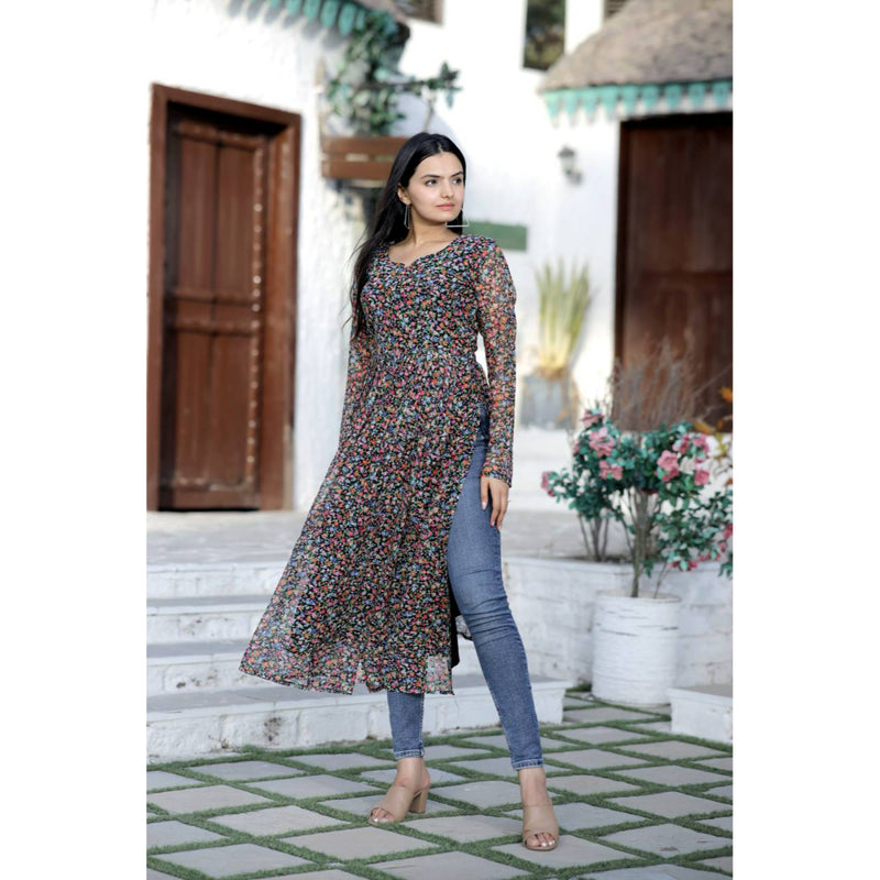 Multi Color More Butti with Ditsy Floral Degital printed Nayra Cut Kurti