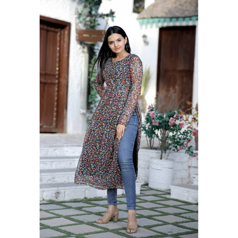 Multi Color More Butti with Ditsy Floral Degital printed Nayra Cut Kurti
