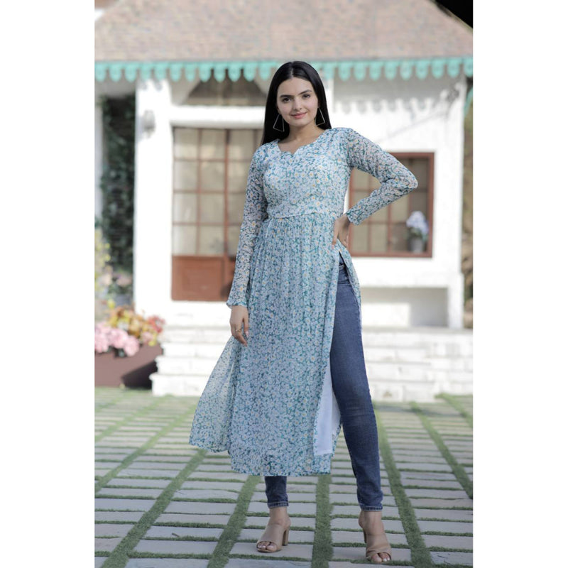 White Color More Butti with Ditsy Floral Degital printed Nayra Cut Kurti