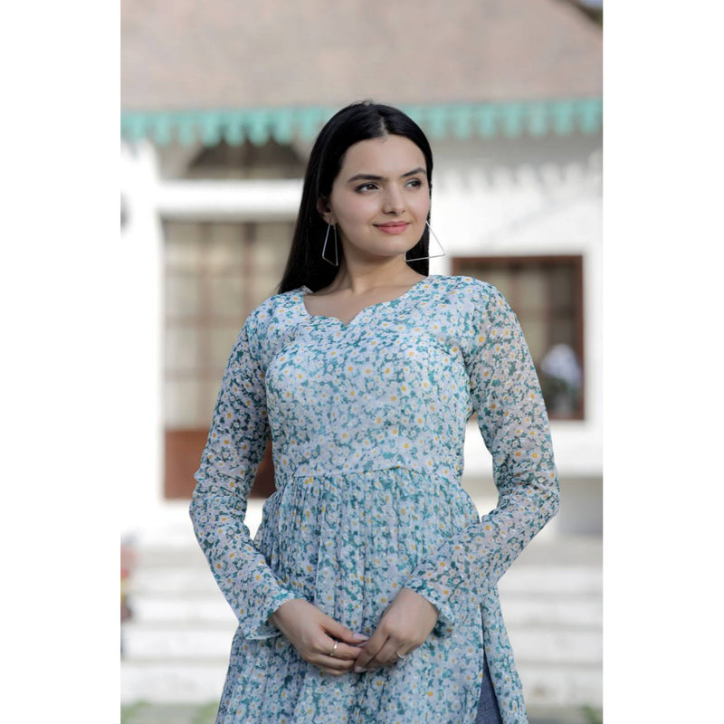 White Color More Butti with Ditsy Floral Degital printed Nayra Cut Kurti