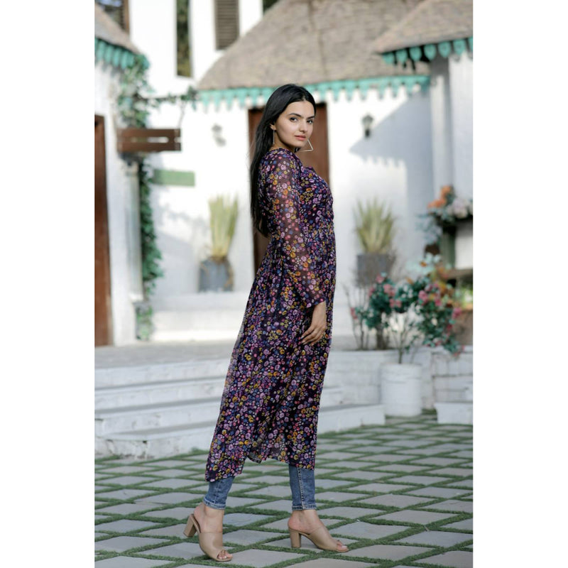 Wine Color More Butti with Ditsy Floral Degital printed Nayra Cut Kurti