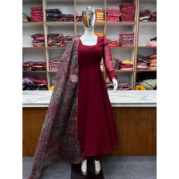 MAROON COLOR FOX GEORGETTE FABRIC FULLY FLAIR ANARKALI,WITH DUPPTA SET