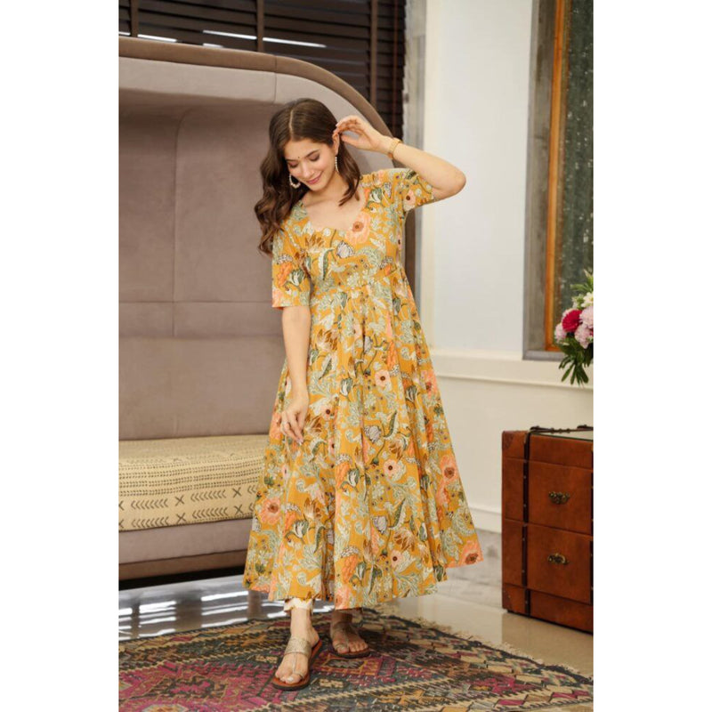 YELLOW COLOR FLORAL PRINTED MASLIN MAXI GOWN