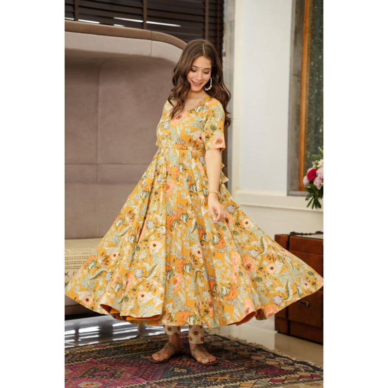 YELLOW COLOR FLORAL PRINTED MASLIN MAXI GOWN