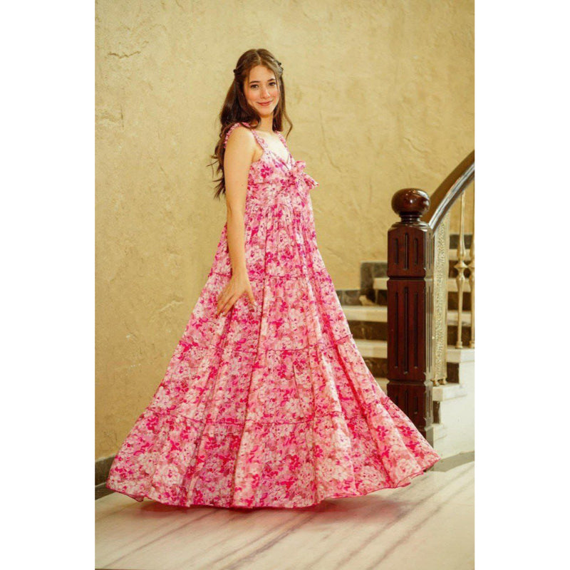 PINK AND WHITE COLOR PLORAL PRINTED MAXI DRESS