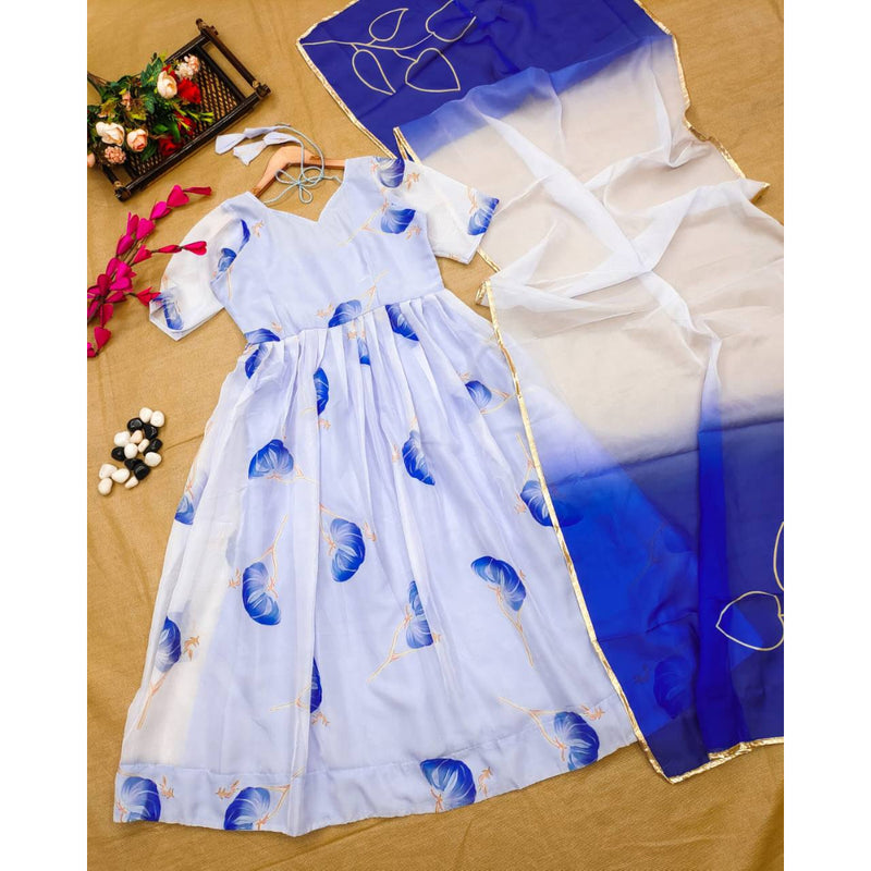 Classic Blue floral Organza dress And dupatta set