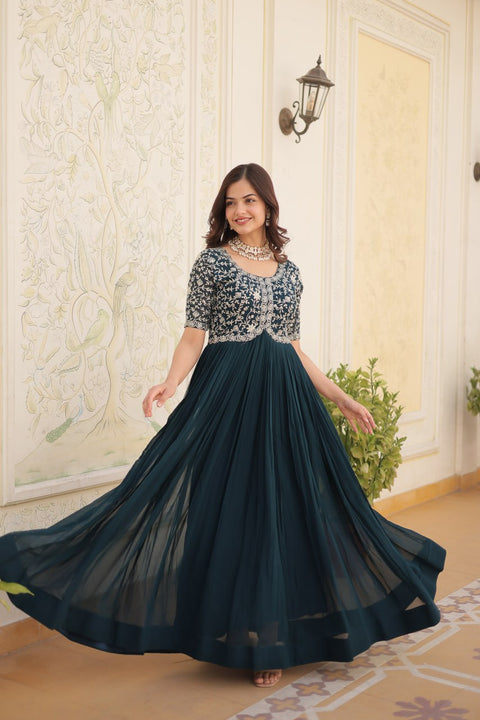 Faux Blooming with Embroidery Zari Sequins-work gown