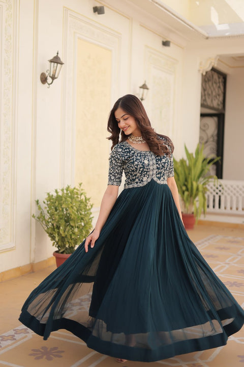 Faux Blooming with Embroidery Zari Sequins-work gown