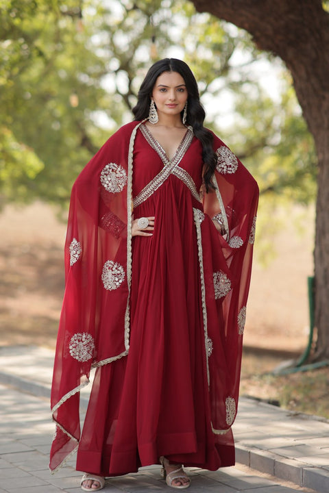 Maroon Color Designer Gown is luxury clothing Considered to be high quality Made by Zari-Thread