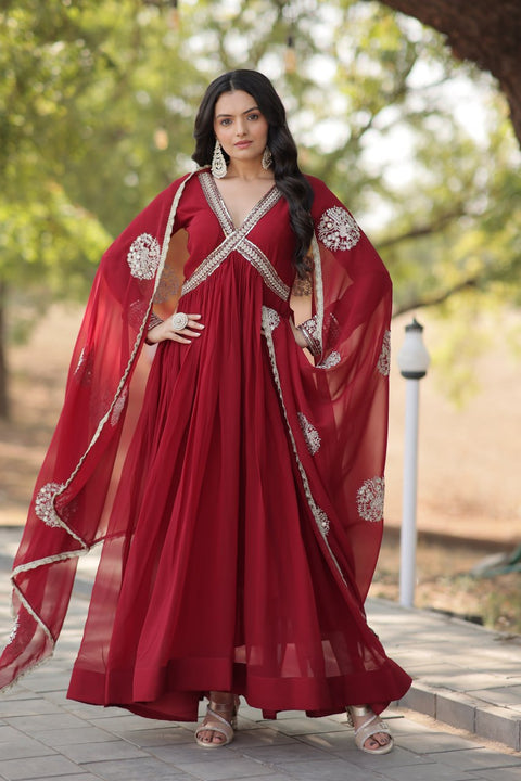 Maroon Color Designer Gown is luxury clothing Considered to be high quality Made by Zari-Thread