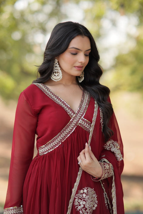 Maroon Color Designer Gown is luxury clothing Considered to be high quality Made by Zari-Thread