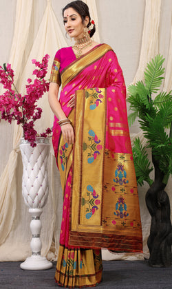 Pink Color Pure Soft Silk paithani Saree With gold zari