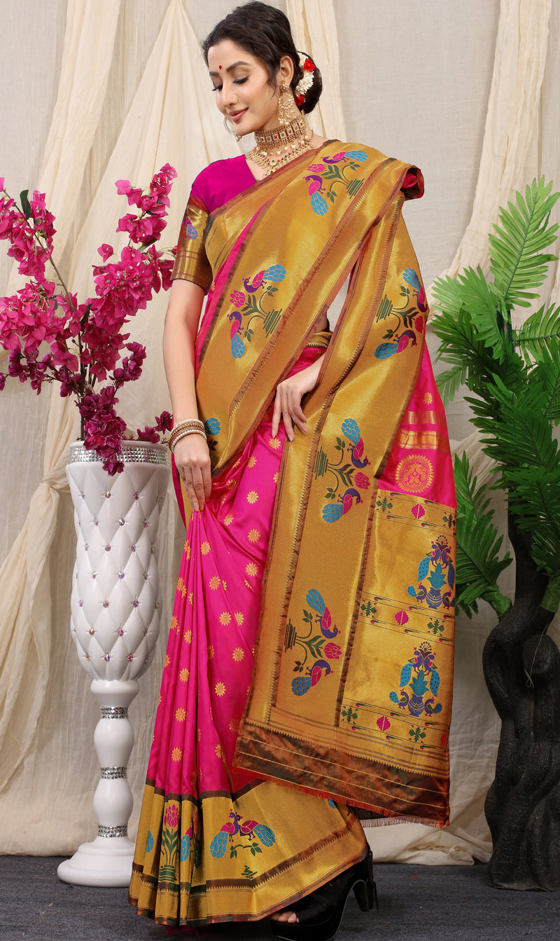 Pink Color Pure Soft Silk paithani Saree With gold zari