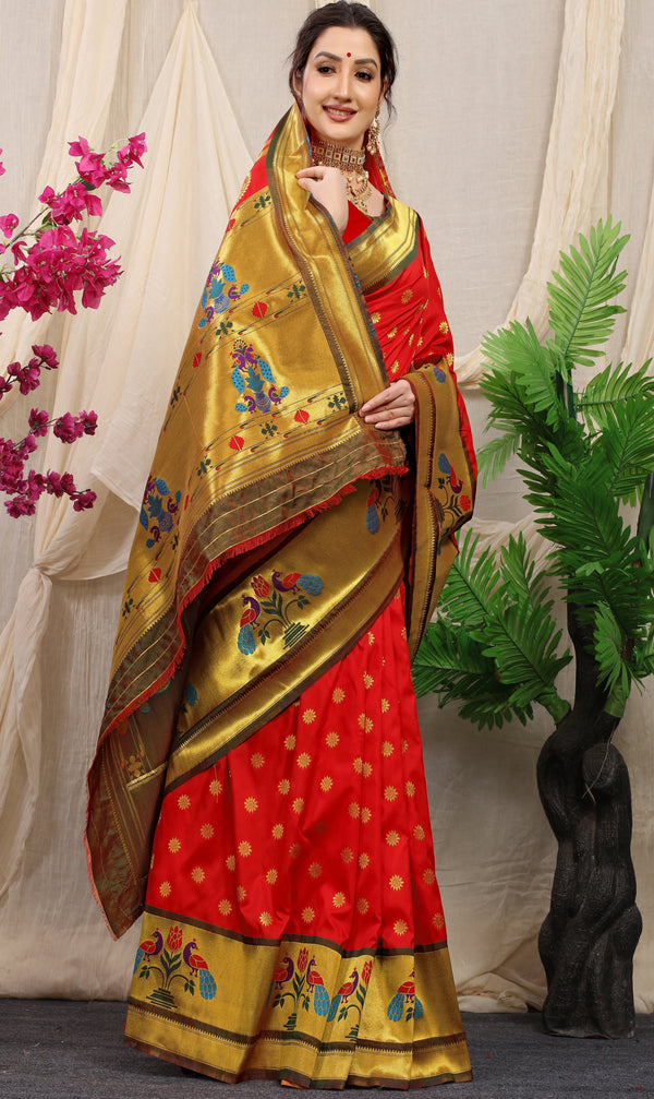 Red Color Pure Soft Silk paithani Saree With gold zari