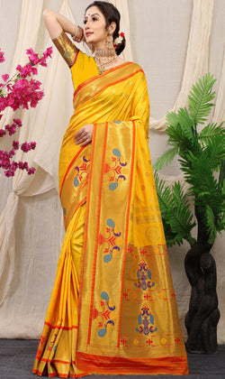 Yellow Color Pure Soft Silk paithani Saree With gold zari