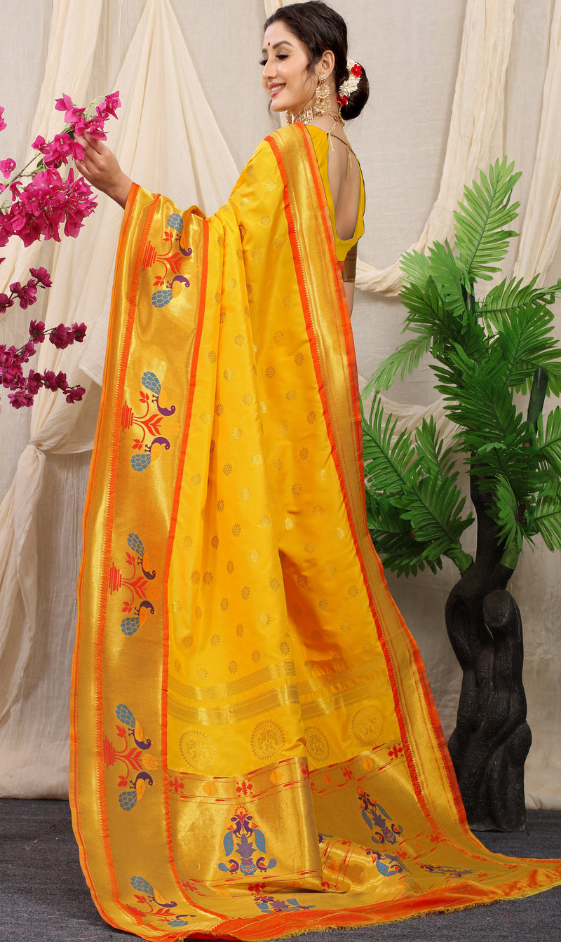 Yellow Color Pure Soft Silk paithani Saree With gold zari