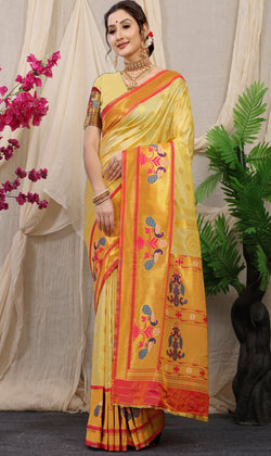 Light Yellow Color Pure Soft Silk paithani Saree With gold zari