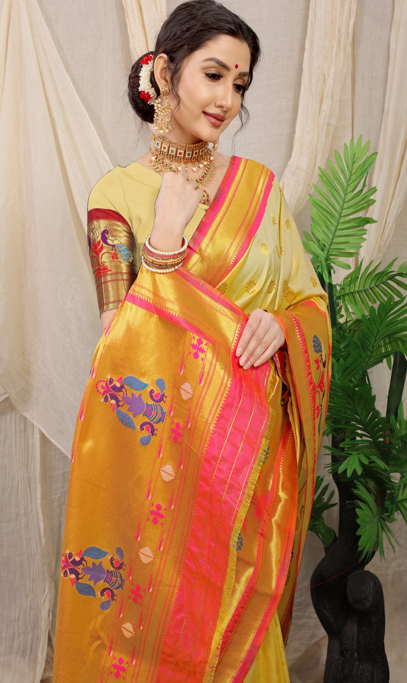 Light Yellow Color Pure Soft Silk paithani Saree With gold zari