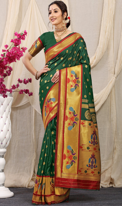 Dark Green Color Pure Soft Silk paithani Saree With gold zari