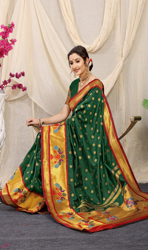 Dark Green Color Pure Soft Silk paithani Saree With gold zari