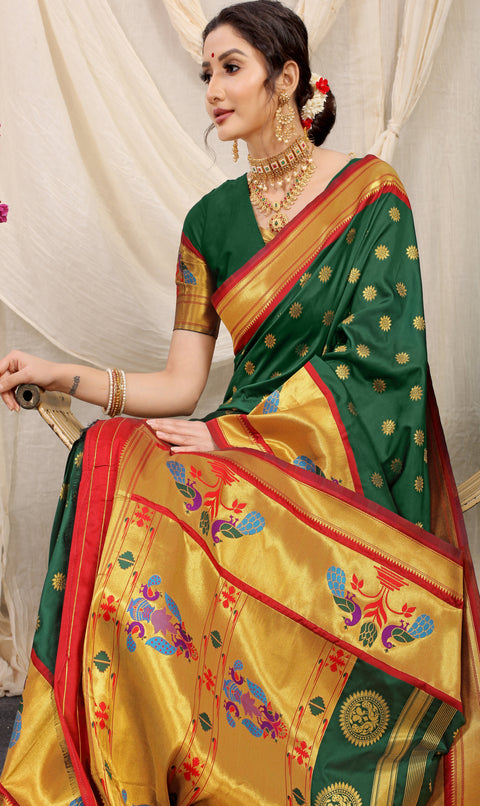 Dark Green Color Pure Soft Silk paithani Saree With gold zari