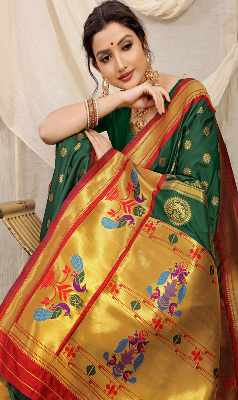 Dark Green Color Pure Soft Silk paithani Saree With gold zari