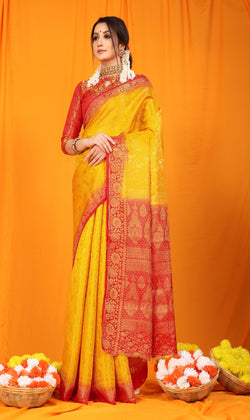 Yellow Pure softly silk handloom saree with Hand dying soft luxurious fabric