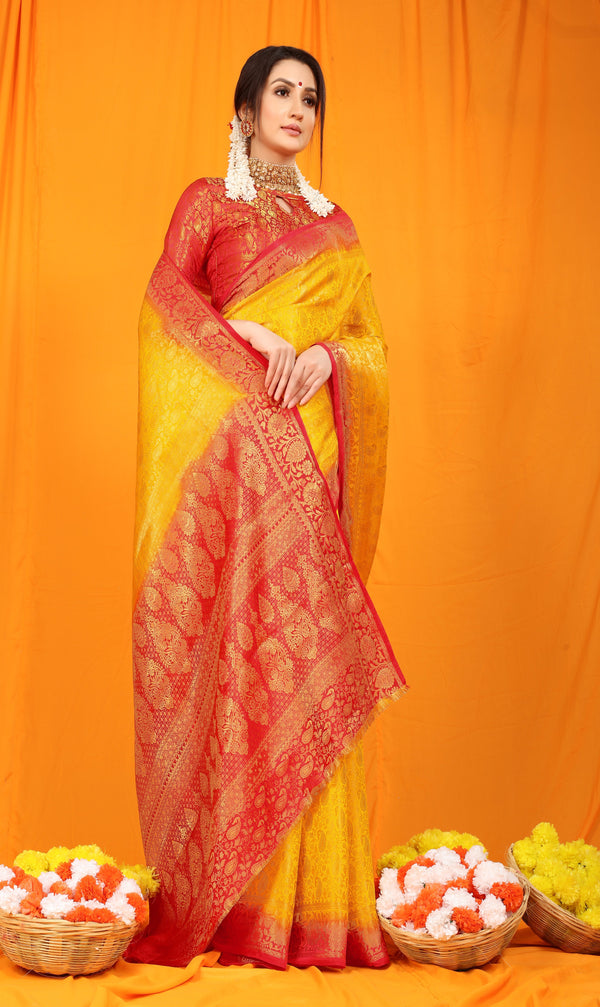 Yellow Pure softly silk handloom saree with Hand dying soft luxurious fabric