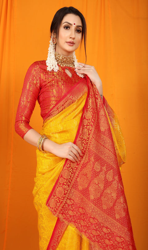 Yellow Pure softly silk handloom saree with Hand dying soft luxurious fabric