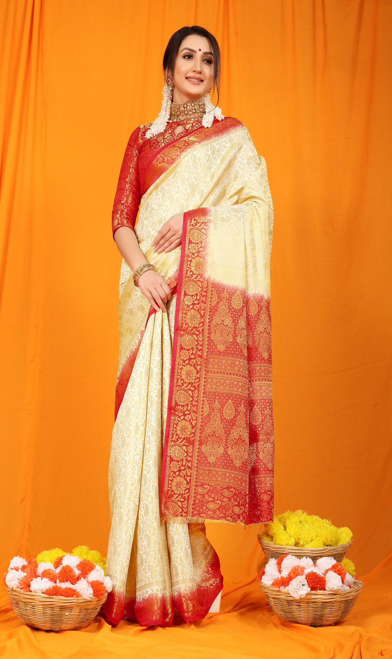 Cream Pure softly silk handloom saree with Hand dying soft luxurious fabric
