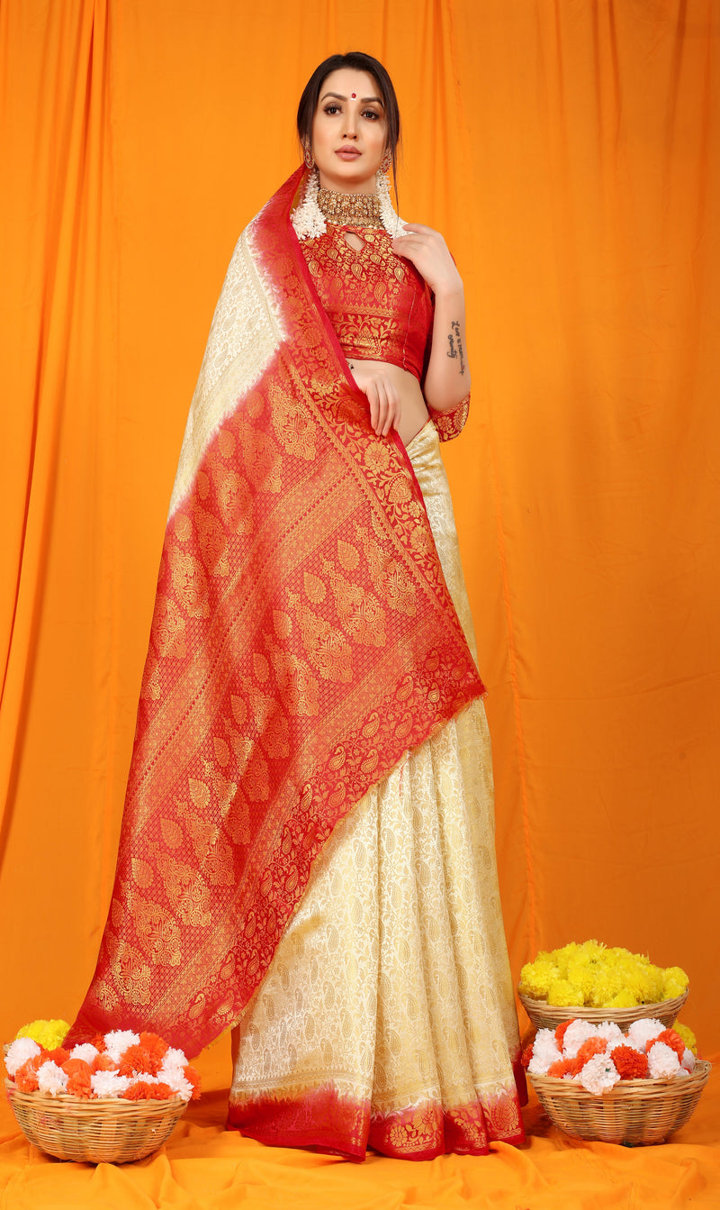 Cream Pure softly silk handloom saree with Hand dying soft luxurious fabric