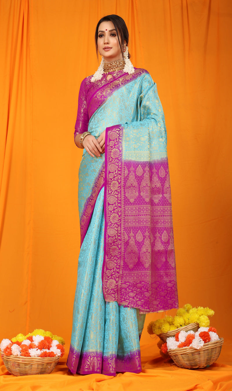 Sky Pure softly silk handloom saree with Hand dying soft luxurious fabric