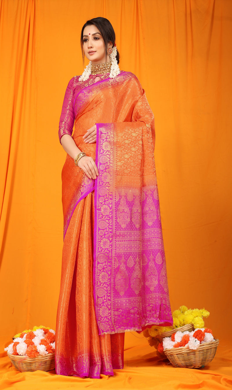 Orange Pure softly silk handloom saree with Hand dying soft luxurious fabric