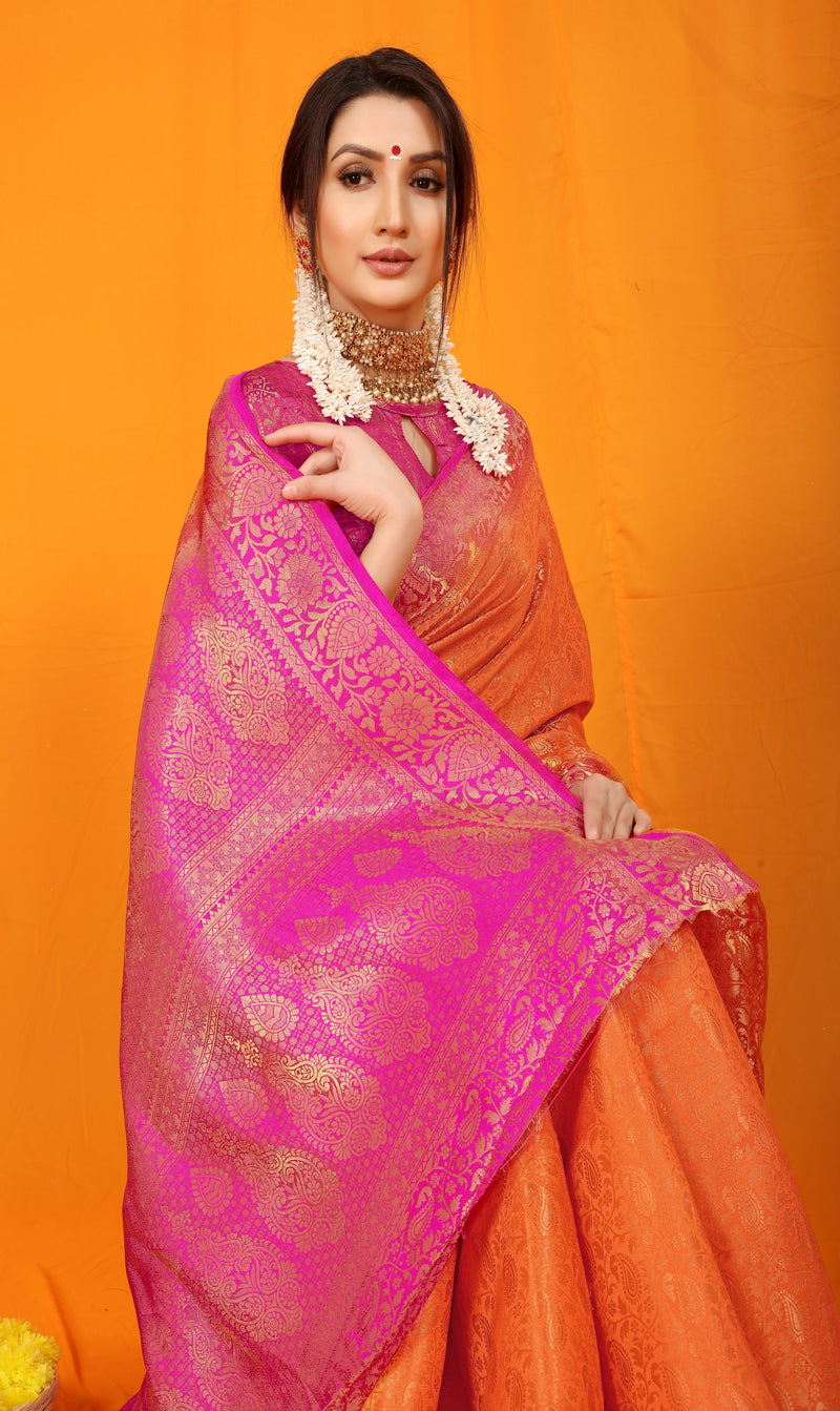 Orange Pure softly silk handloom saree with Hand dying soft luxurious fabric