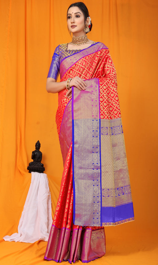 Red Blue Kanjeevaram Handloom Weaving Silk Saree