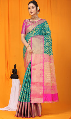 Rama Green Pink  Kanjeevaram Handloom Weaving Silk Saree