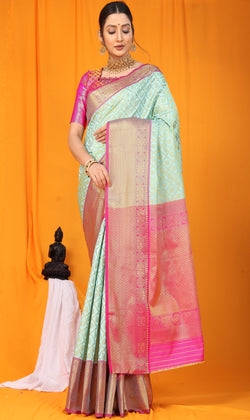 Mint Pink Kanjeevaram Handloom Weaving Silk Saree