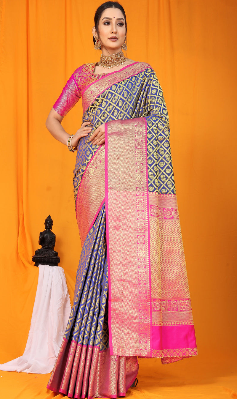 Blue Pink Kanjeevaram Handloom Weaving Silk Saree