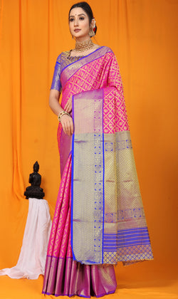 Pink Blue Kanjeevaram Handloom Weaving Silk Saree