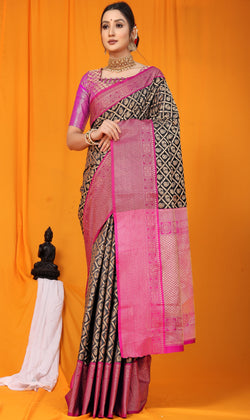 Black Pink Kanjeevaram Handloom Weaving Silk Saree