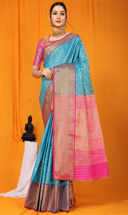 Maya blue Pink Kanjeevaram Handloom Weaving Silk Saree
