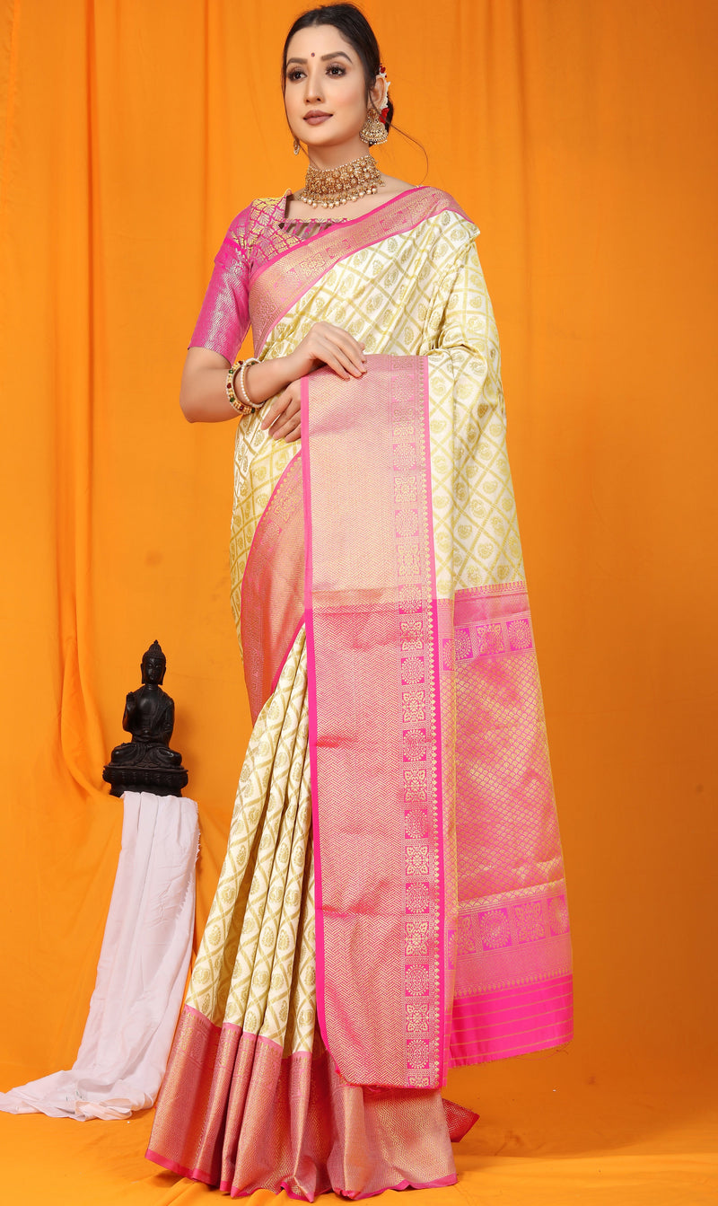 Cream Pink Kanjeevaram Handloom Weaving Silk Saree