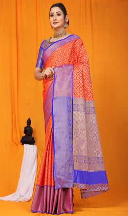 Blood Red Blue  Kanjeevaram Handloom Weaving Silk Saree