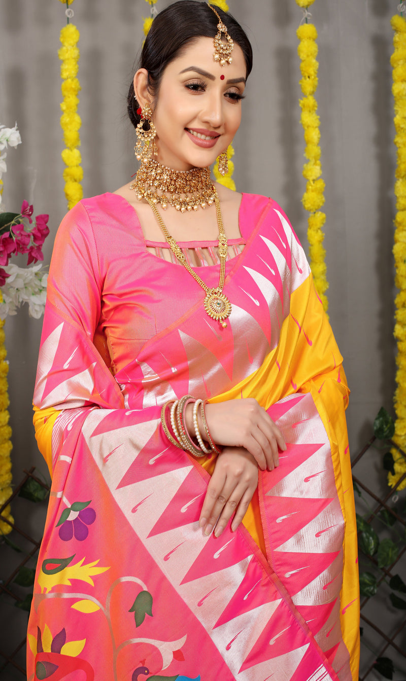 Yellow Paithani Katan Silk Handloom Saree