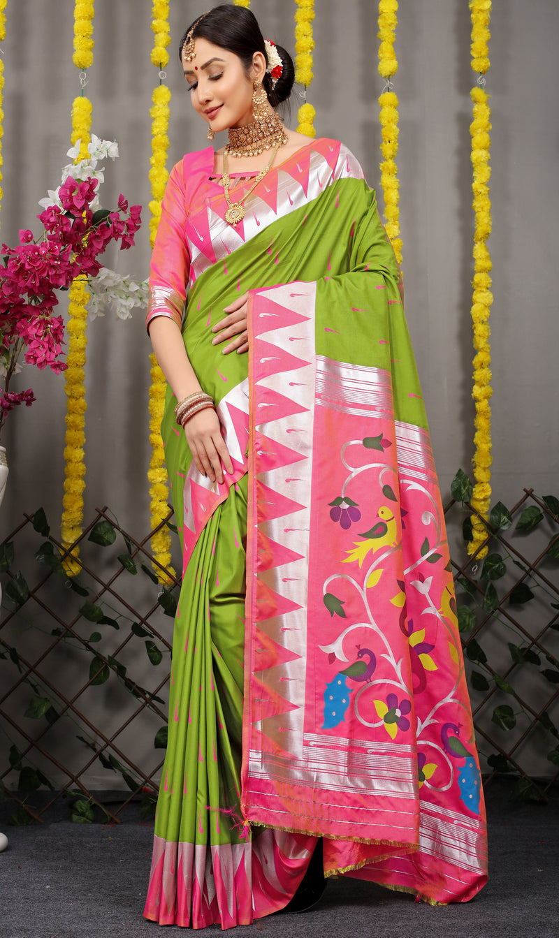 Olive Paithani Katan Silk Handloom Saree