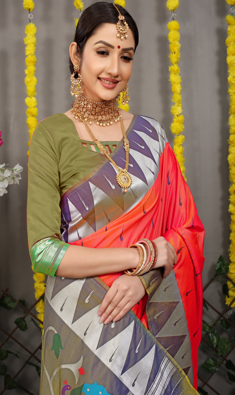 Orange Paithani Katan Silk Handloom Saree
