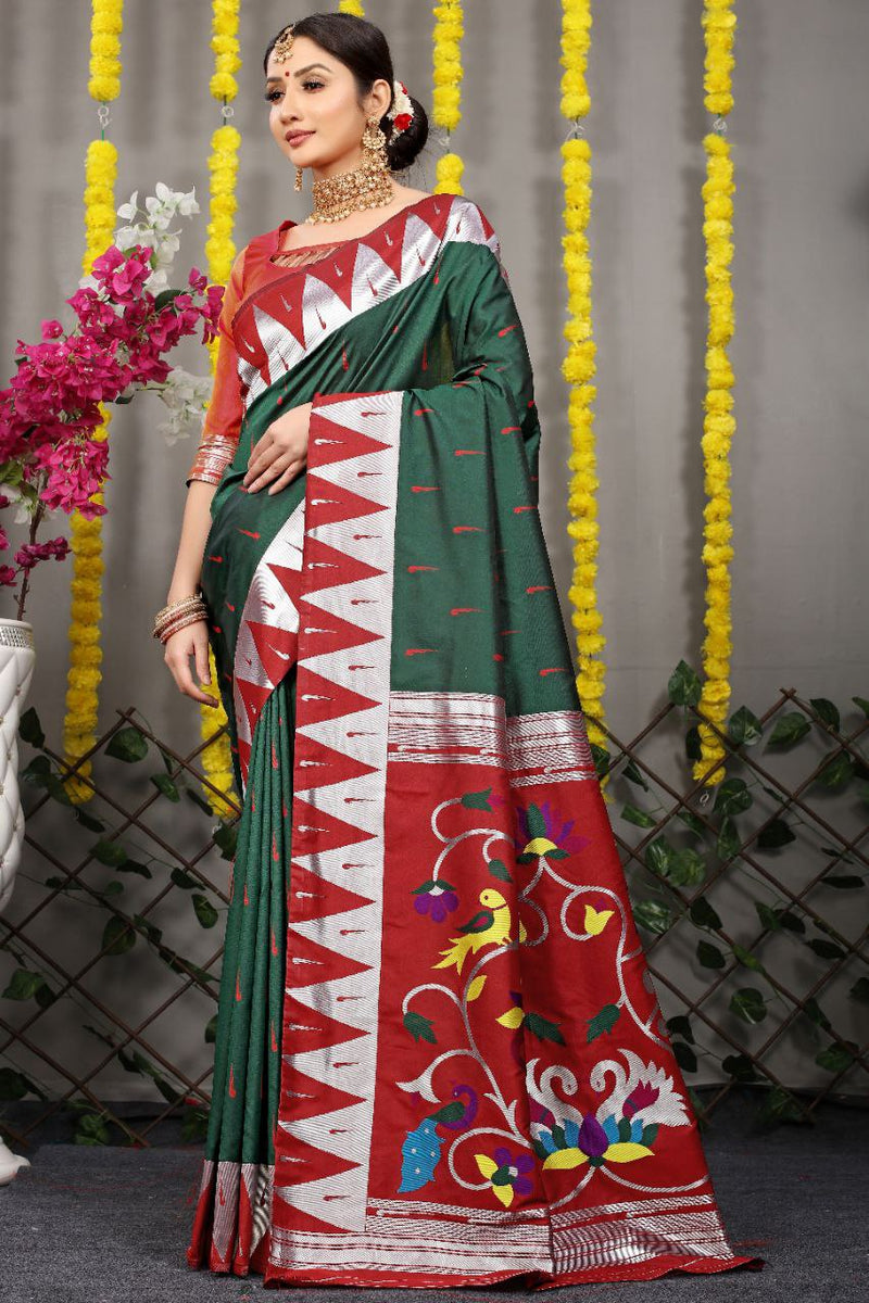 Dark Green Paithani Katan Silk Handloom Saree