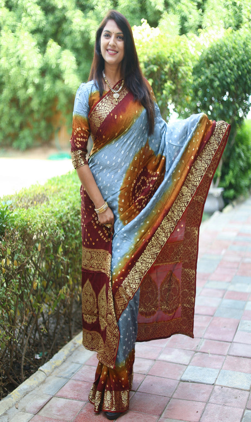 Maroon Sky Blue Pretty And Beautiful Bandhej Boutique Series
